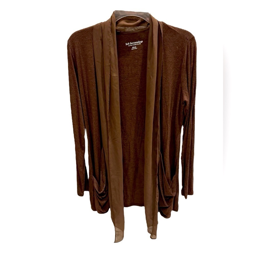 Soft Surroundings Sweater Brown Kimono Open Cardigan Chiffon Scarf Collar XS